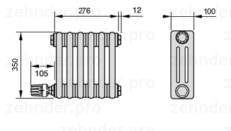 Схема (чертеж) Радиатор Zehnder Charleston 3035/6 №V003 Белый глянцевый RAL 9016